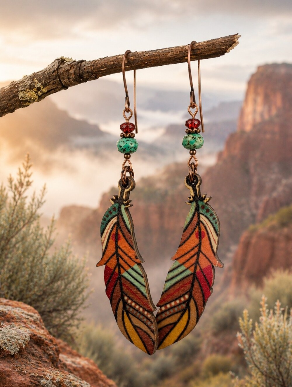 Painted Wood Feather Earrings African Turquoise Jasper Copper Artisan